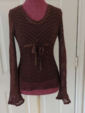 Women's Brown Crochet V-Neck With Front Ribbon Tie Sweater